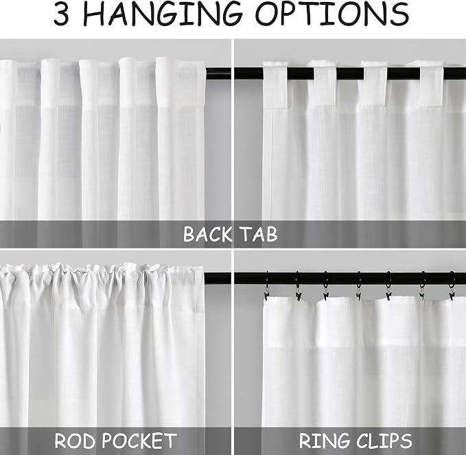 Linen White Curtains 108 Inches Long 2 Panels Set Back Tab Rod Pocket Semi - Image 3