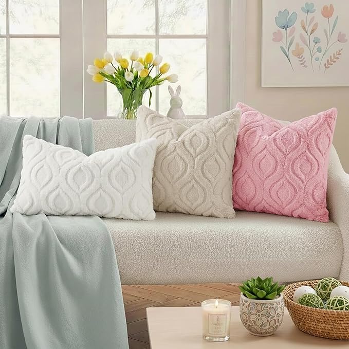 decorUhome Throw Pillow Covers 12x20 Inch Set of 2, Soft Plush Faux Wool Beige - Image 3