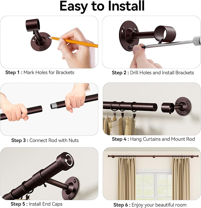YaFex 2 Pack Heavy Duty Curtain Rods 32-90 Inch, 1 Inch Bronze Adjustable - Image 8