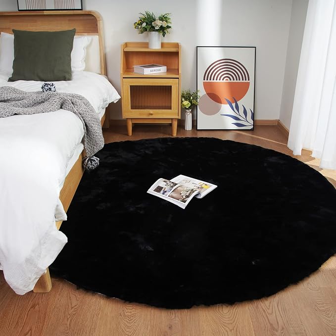 Ghouse Faux Rabbit Fur Round Rug 4ft Black Round Rugs - Image 2
