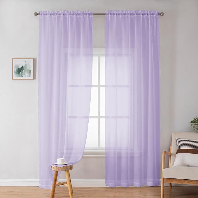 OWENIE Lavender Sheer Curtains 72 Inches Long Set of 2, Airy Sheer Curtains & - Image 3