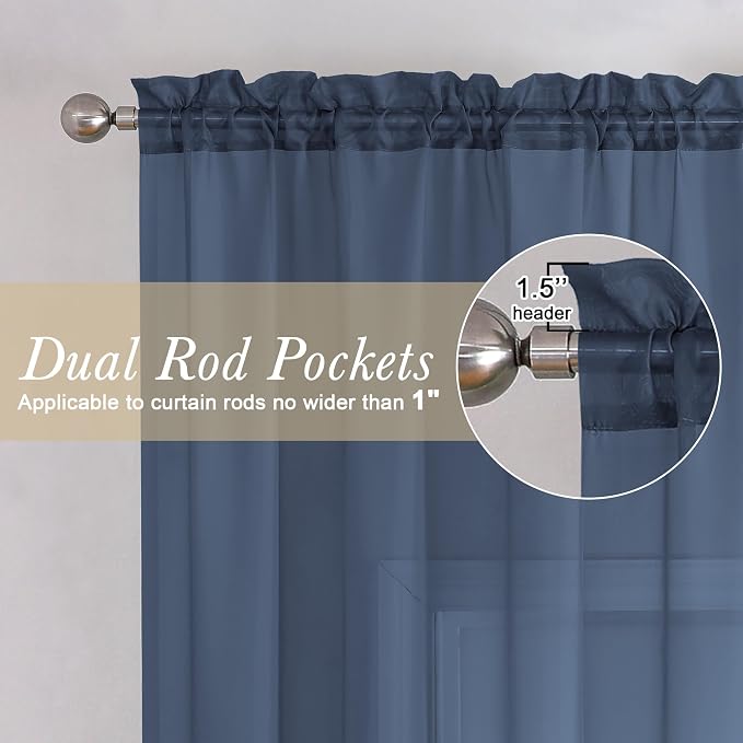 Lecloud Navy Blue Sheer Curtains 84 Inches Long 2 Panels Set, Solid Voile Light - Image 2