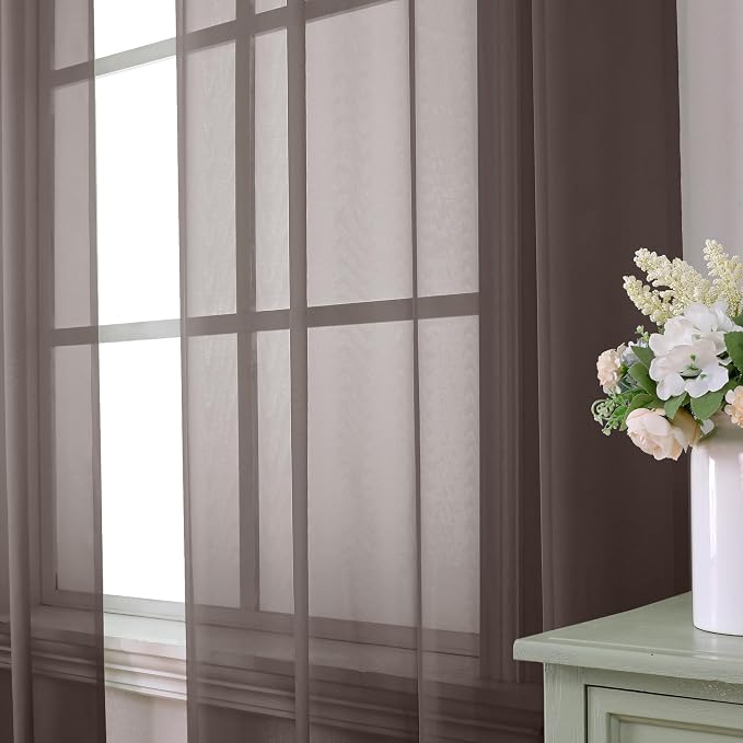 Aiyufeng Chocolate Brown Sheer Curtains 96 Inches Long 2 Panels, Solid Voile - Image 2