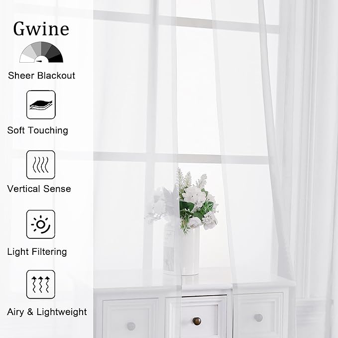 Gwine White Sheer Curtains 48 Inches Long 2 Panels Set, Light Filtering Sheer - Image 2