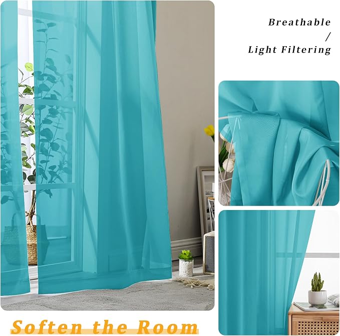 Gwine Turquoise Sheer Curtains for Bedroom 54 inches Long 2 Panels, Light - Image 3