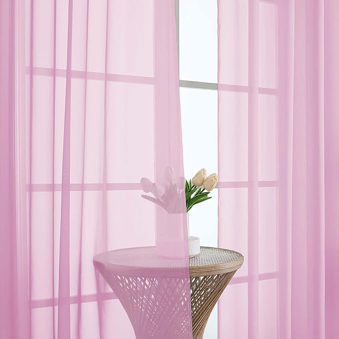 OWENIE Extra Long Pink Sheer Curtains 96 Inches Long 2 Panels Set, Soft - Image 3