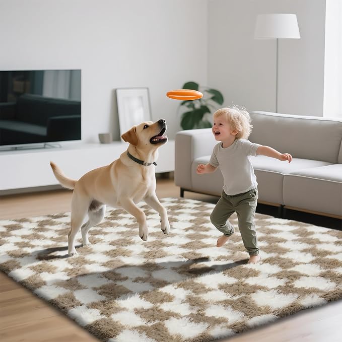 4x6 Checkered Area Rugs for Bedroom, Fluffy Beige and White Checkered Rug Fuzzy - Image 3