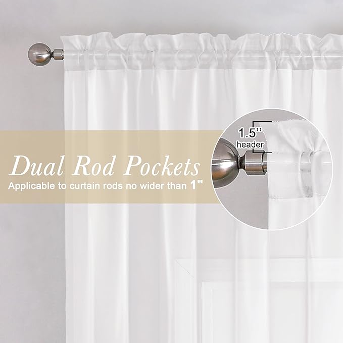 Lecloud White Sheer Curtains 68 Inch Length 2 Pcs, Voile Dual Rod Pocket Living - Image 5