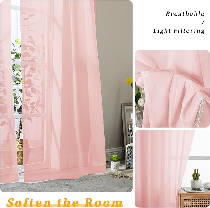 Gwine Blush Pink Sheer Kitchen Curtains 36 Inch Length, Light Filtering Voile - Image 3