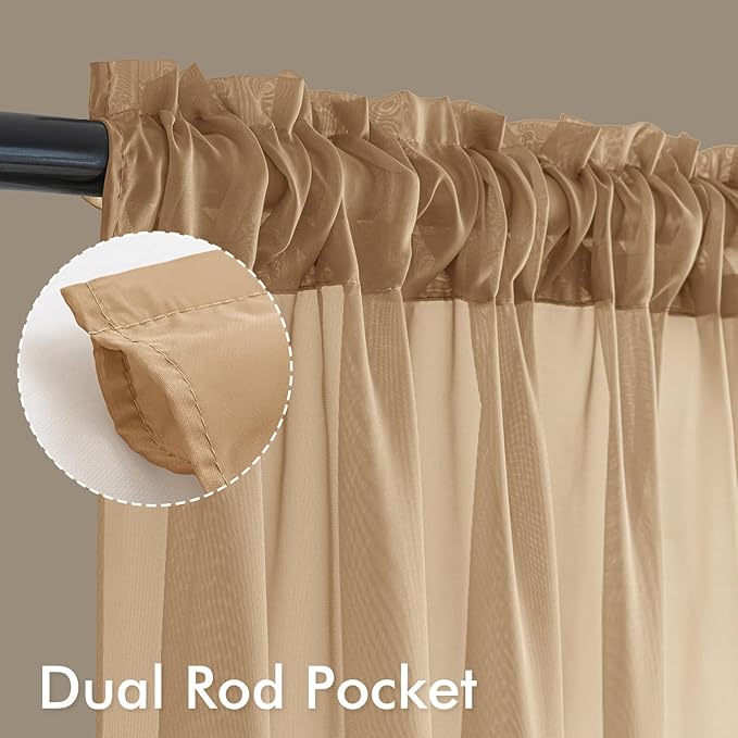 MIULEE Brown Sheer Curtains 96 Inches Long, 4 Panels Set, Rod Pocket Voile - Image 3