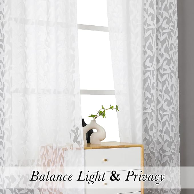 Lecloud Leia White Sheer Curtains 84 Inches Long 2 Panels, Airy Voile Jacquard - Image 3