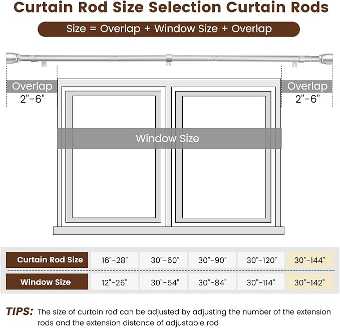 Hradecti Silver Curtain Rod 30-144 inch 2 Pack, Fit 30 to 142, 66 to 120 inch - Image 3