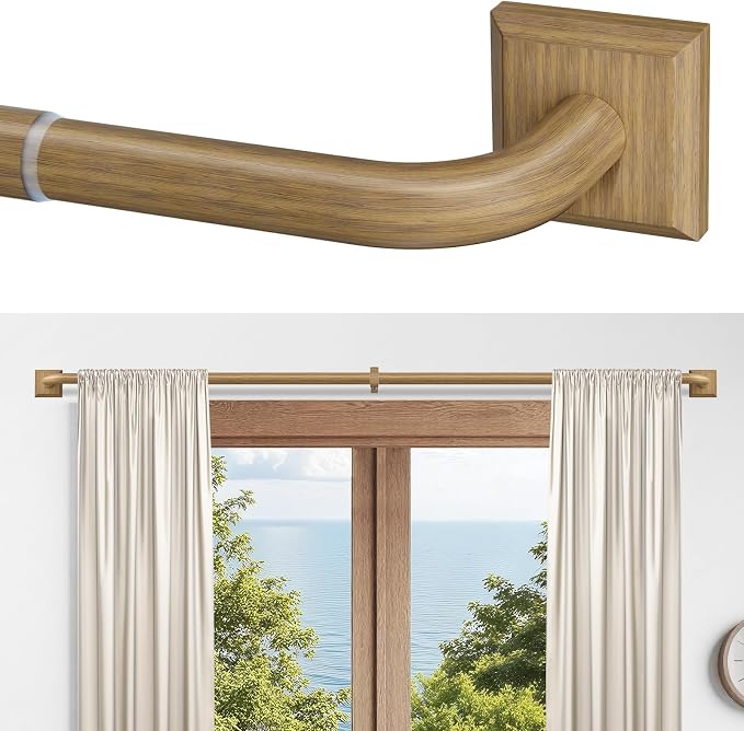 Boho Wood Grain Curtain Rods for Windows 66-184 Inch Heavy Duty Wrap Around by RBYCOS