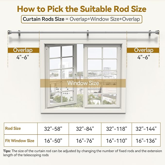 YaFex Curtain Rods 32-144 Inch, Heavy Duty 1 Inch Adjustable Curtain Rod - Image 6