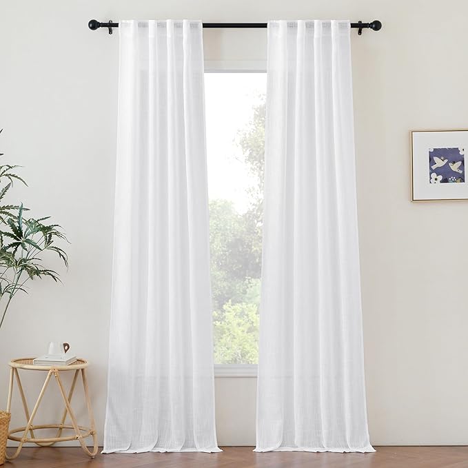 NICETOWN White Sheer Curtains 96 inches Long, Rod Pocket & Back Tab Faux Linen by NICETOWN