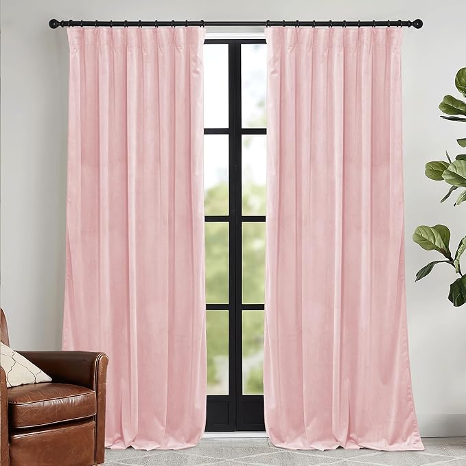 RYB HOME Pink Velvet Curtains 102 inches, Back Tab Soft Fabric Room Darkening by RYBHOME