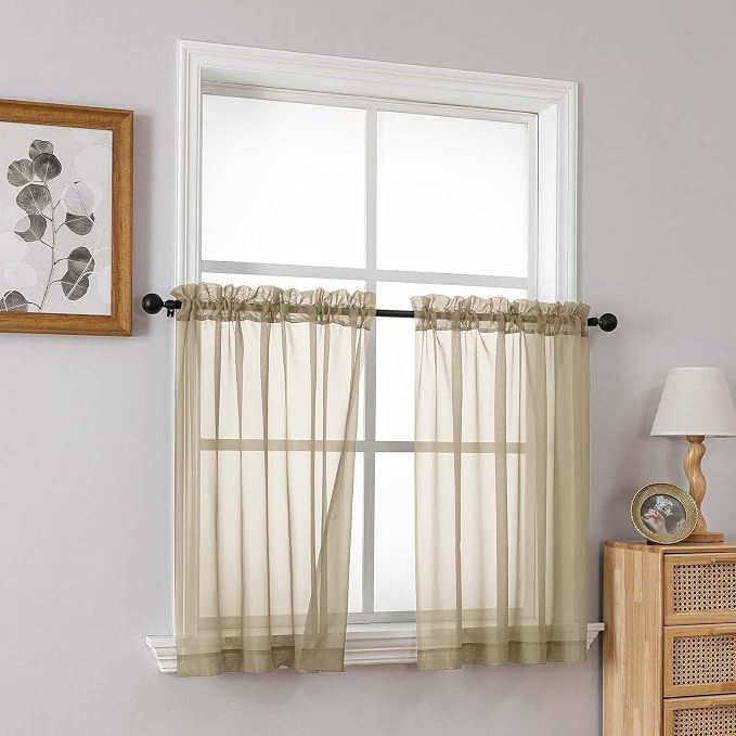 Taupe Sheer Curtains Tier 30 Inches Length 2 Panels Set, Light Filtering - Image 8