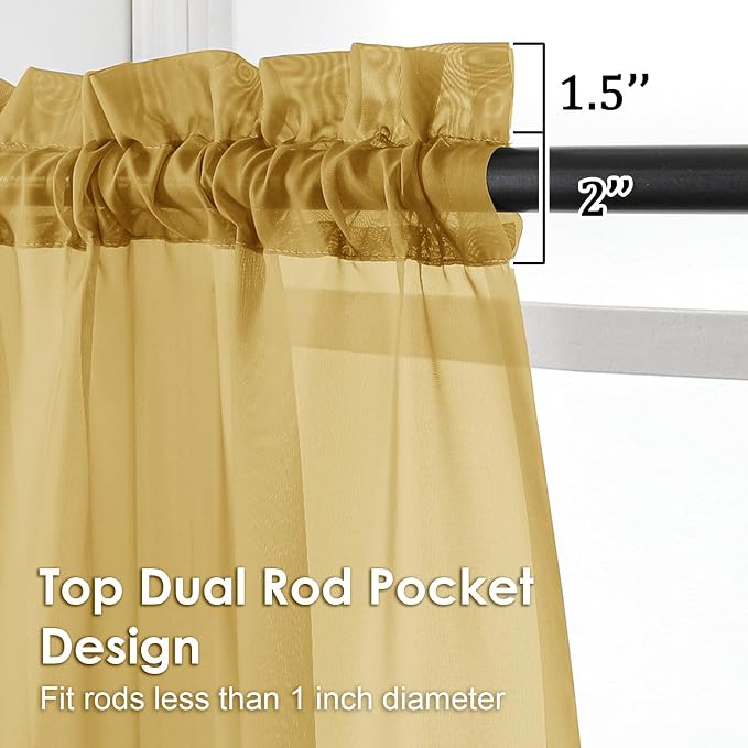 OVZME Gold Sheer Curtains 90 Inches Long 2 Panels - Image 3