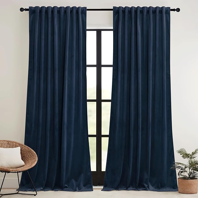 RYB HOME Navy Blue Velvet Curtains 84 inches- Velevt Blackout Curtains by RYBHOME