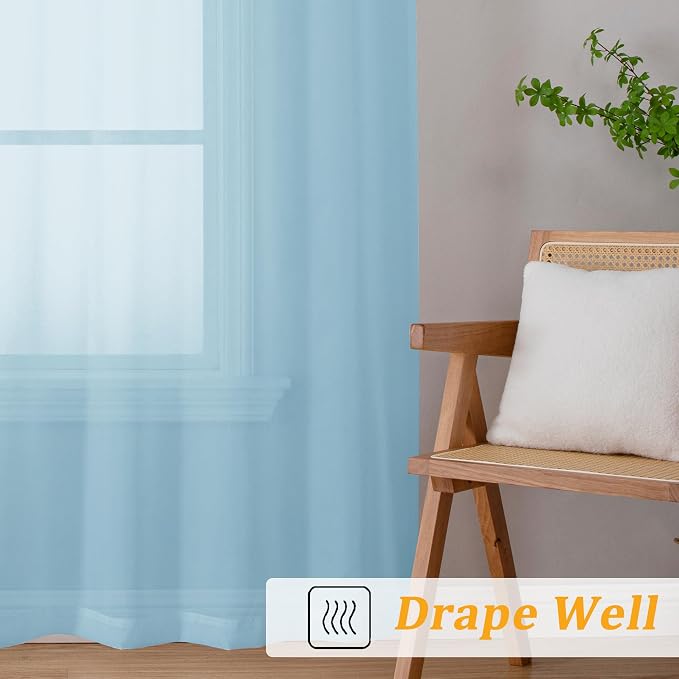 Gwine Sky Blue Sheer Curtains 90 Inches Long 2 Panels Set, Light Filtering - Image 6