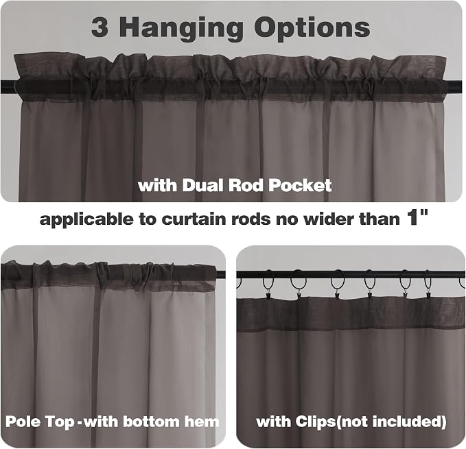 Chyhomenyc Sheer Chocolate Brown Tier Curtains 24 Inch Length, Small Window - Image 3