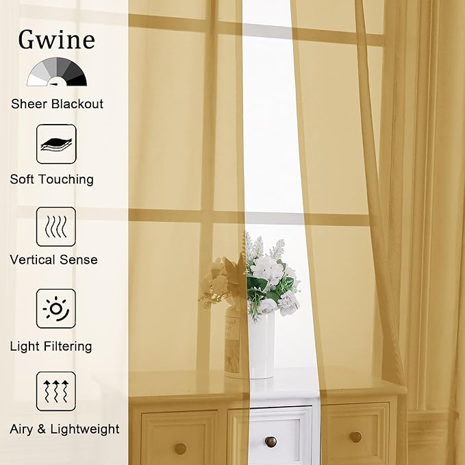 Gwine Gold Sheer Curtains 96 Inches Long 2 Panels, Elegant Window Treatments - Image 2