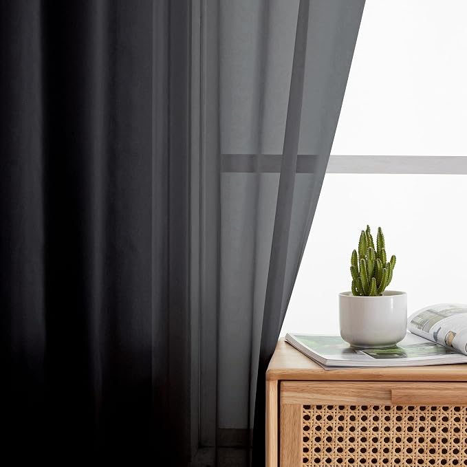 Simplebrand Black Sheer Curtains 96 Inches Long, Light Filtering Rod Pocket - Image 3