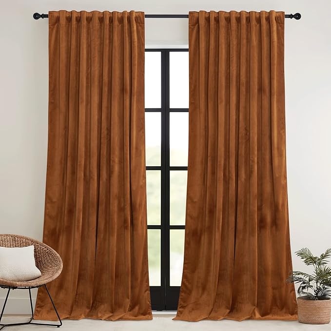 RYB HOME Fall Curtains Burnt Orange Velvet Curtains, Light Blocking, Thermal - Image 2