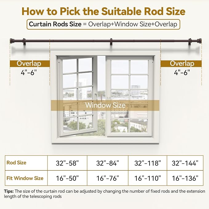 YaFex Curtain Rods 32-144 Inch, Heavy Duty 1 Inch Adjustable Curtain Rod - Image 6