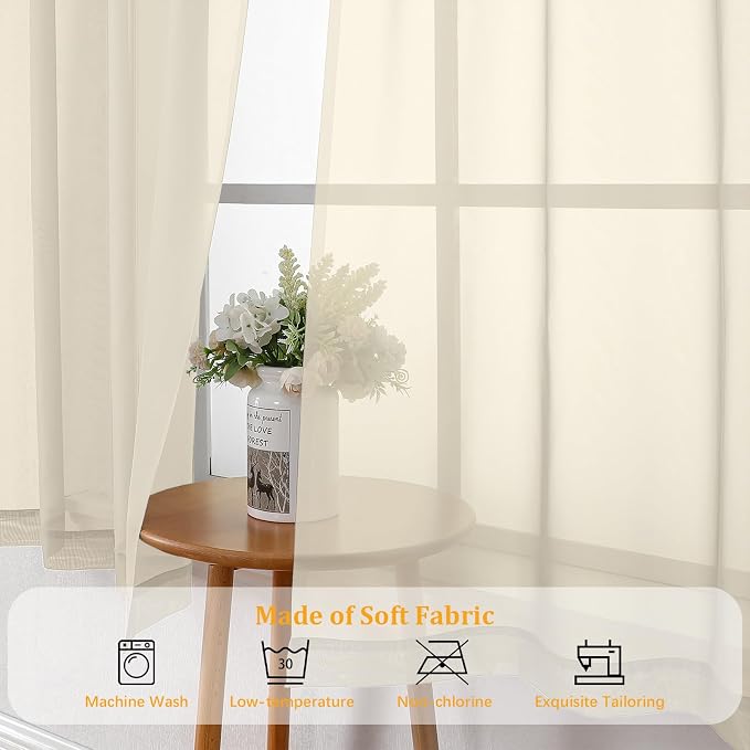 Gwine Cream Sheer Curtains 30 Inch Length, Short Light Filtering Voile Small - Image 7