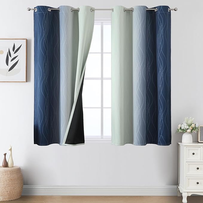 Estelar Textiler Navy Blue and Sage Green Blackout Curtains 54 Inches Long by ESTELARTEXTILER