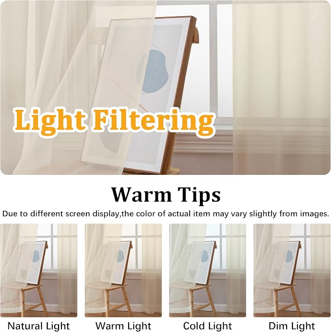 Gwine Extra Long Cream Sheer Curtains 120 Inches Long 2 Panels Set, Voile Light - Image 5