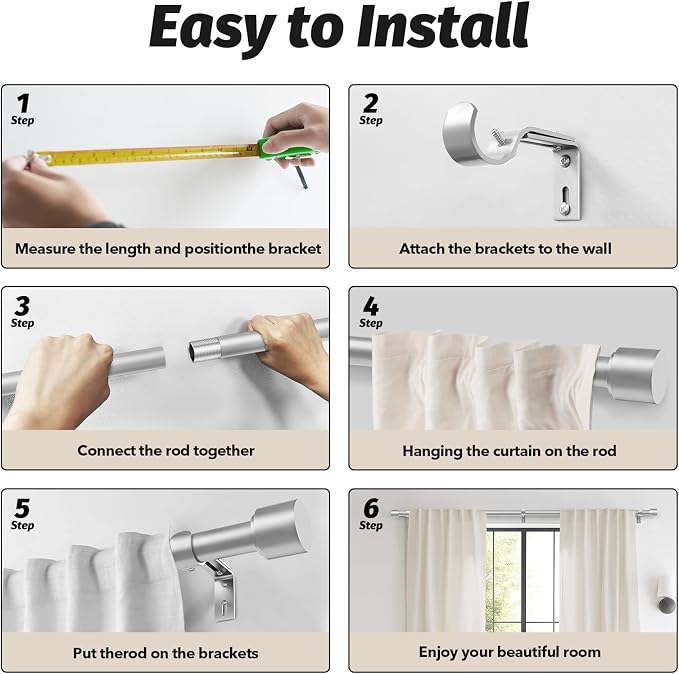 GEEBOBO Silver Curtain Rods for Windows 72 to 144 Inch, 1 Inch Adjustable Heavy - Image 7