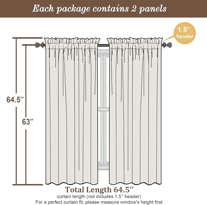 Chyhomenyc Sheer Curtains 63 Inch Length 2 Panels Set, Light Filtering Rod - Image 3