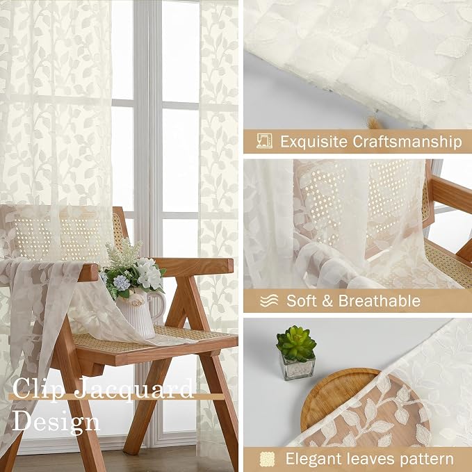 Chyhomenyc Ivory Sheer Curtains 96 Inch Length 2 Panels Set, Light Filtering - Image 7