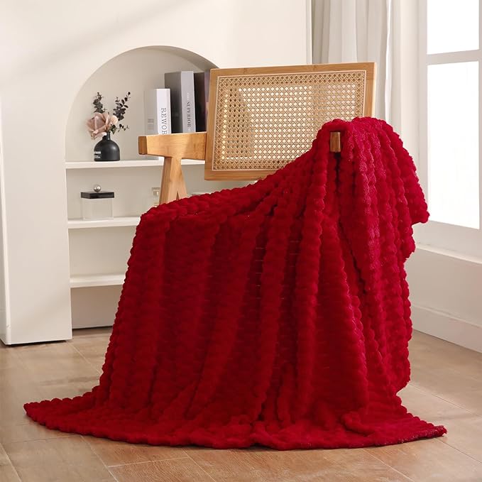 Puncuntex Red Throw Blanket 60"×80" inches Fuzzy 3D Jacquard Decorative Flannel - Image 2