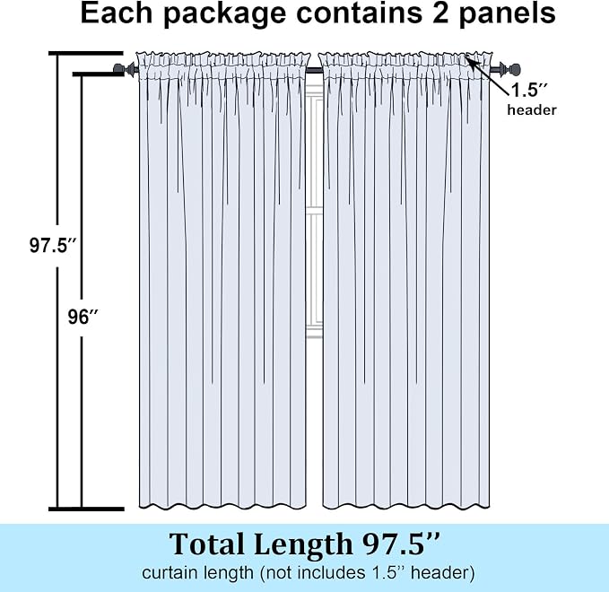 Simplebrand Black Sheer Curtains 96 Inches Long, Light Filtering Rod Pocket - Image 2
