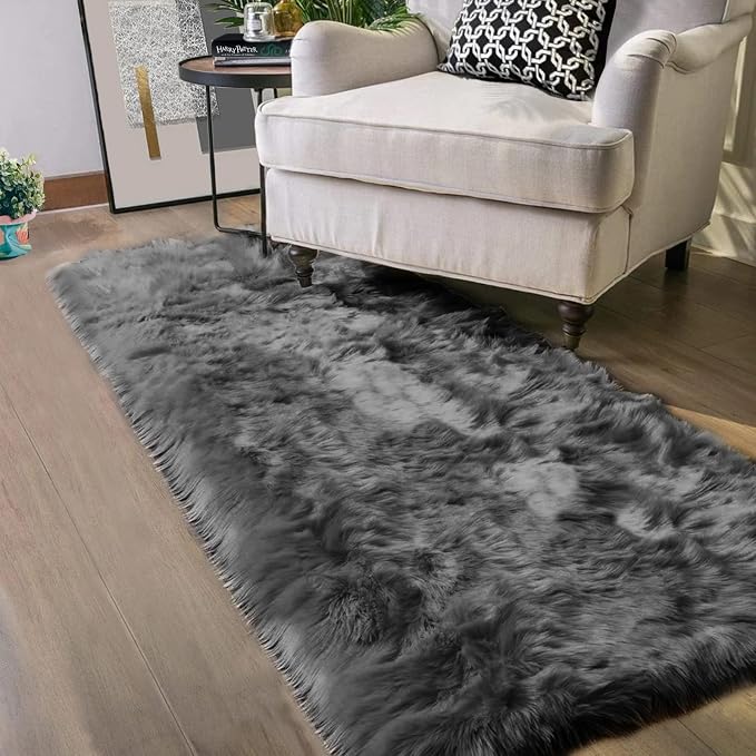 Latepis Dark Grey Runner Rugs 2x6 Faux Sheepskin Fur Rug Bedside Super Soft by Latepis