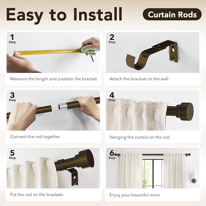 IFELS Heavy Duty Curtain Rods for Windows 72 to 144 Inch, 1 Inch Bronze Window - Image 8