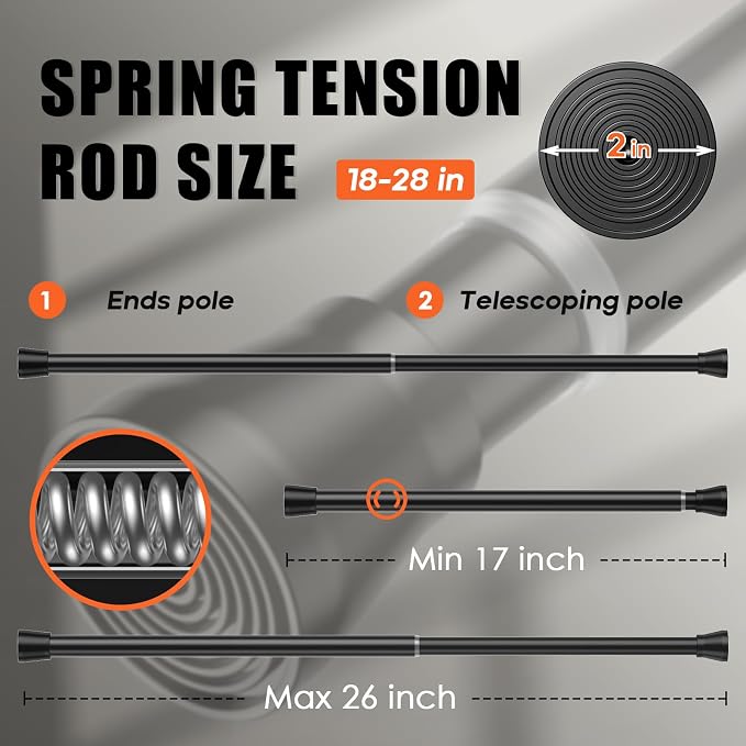 AIZESI Black 1pcs Spring Tension Curtain Rods 17 to 26 Inches, Short Tension - Image 2