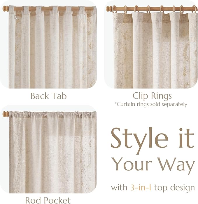 jinchan Belrose Linen Curtains for Bedroom Floral Curtains 108 Inch Length - Image 6