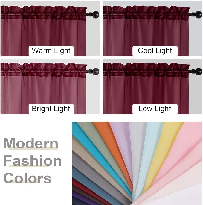 Burgundy Kitchen Curtains 30 Inch Length Tier 2 PCS, Solid Soft Airy Half - Image 6
