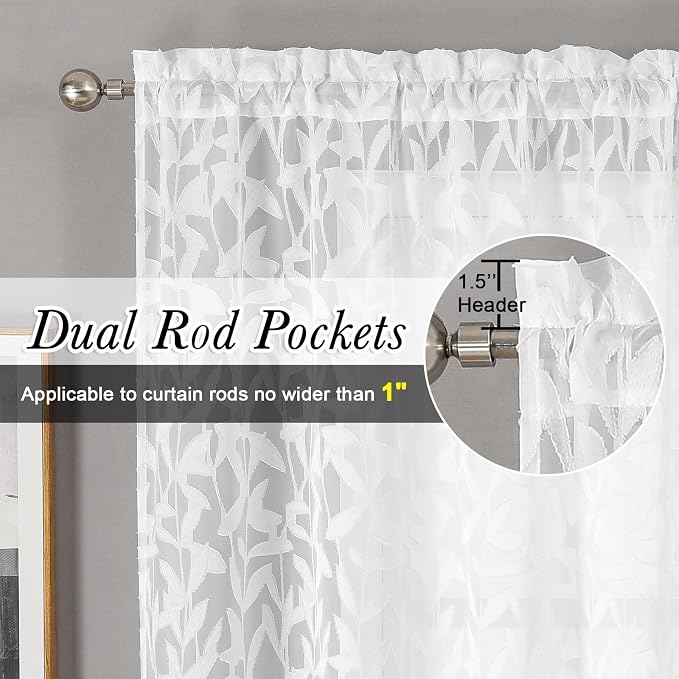 Lecloud Leia White Sheer Kitchen Curtains 24 Inch Length 2 Pcs, Jacquard Leaf - Image 5