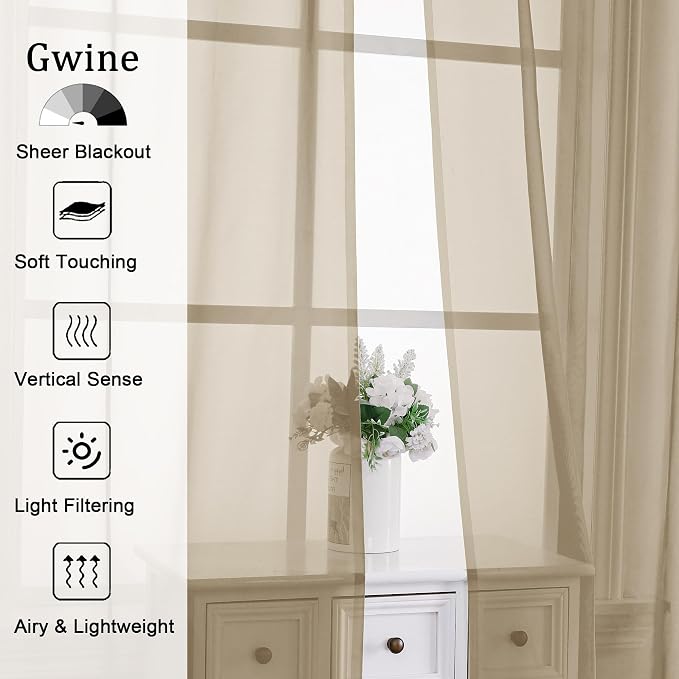 Gwine Taupe Sheer Curtains 72 Inches Long 2 Panels Set - Image 2