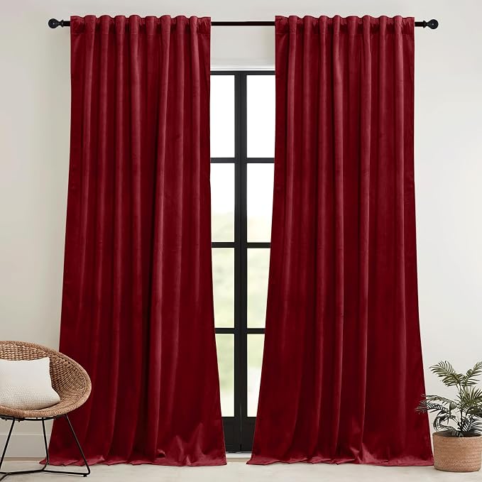 RYB HOME Red Velvet Curtains 84 inches- Room Darkening Curtains Heavy Duty - Image 3