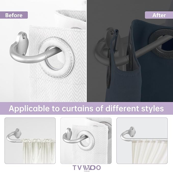 TVWOO Silver Wrap Around Curtain Rods:5/8 In Blackout Adjustable Window Curtain - Image 9