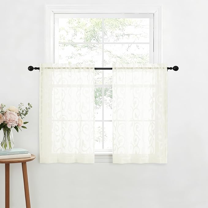 OWENIE Furman Cafe Curtains 30 Inch Length 2 Panels Set, Elegant Geometric - Image 2