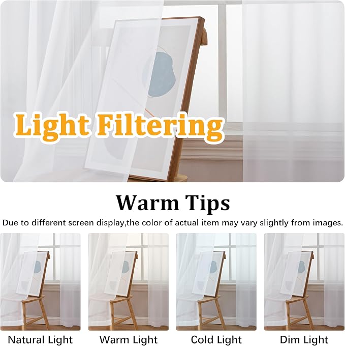 Gwine White Sheer Curtains 108 Inches Long 2 Panels Set, Voile Light Filtering - Image 5
