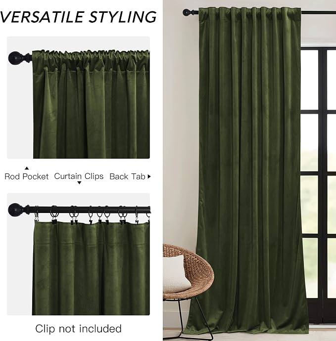 RYB HOME Green Velvet Curtains 84 inch, Solid Room Darkening Window Curtains - Image 3
