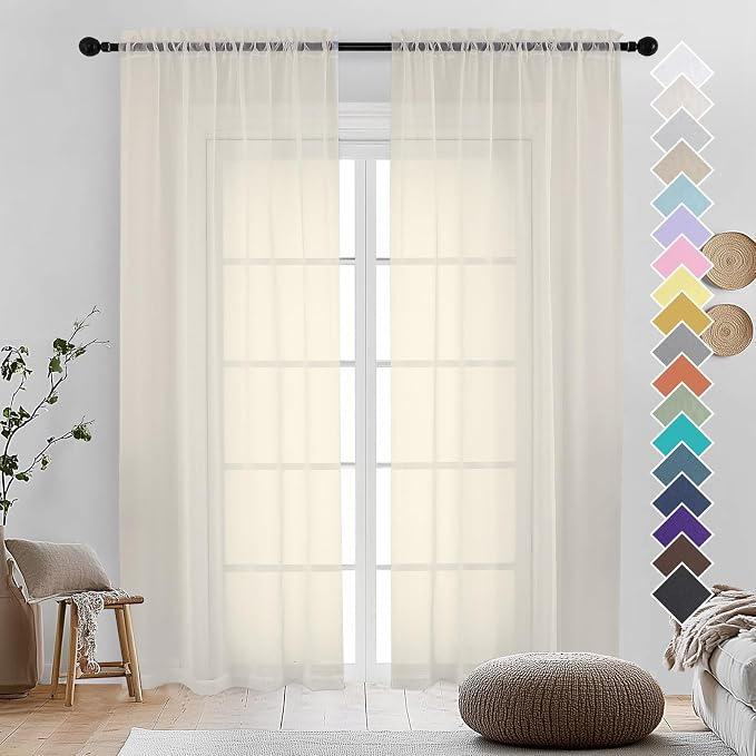 OVZME Cream Sheer Curtains 90 Inches Long 2 Panels by OVZME